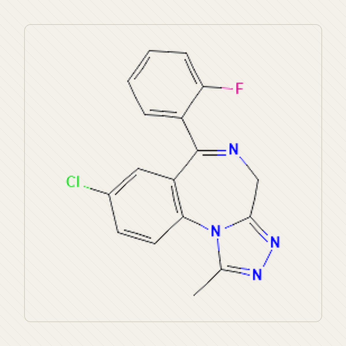 Flualprazolam, εκπαιδευτική απεικόνιση της μοριακής δομής