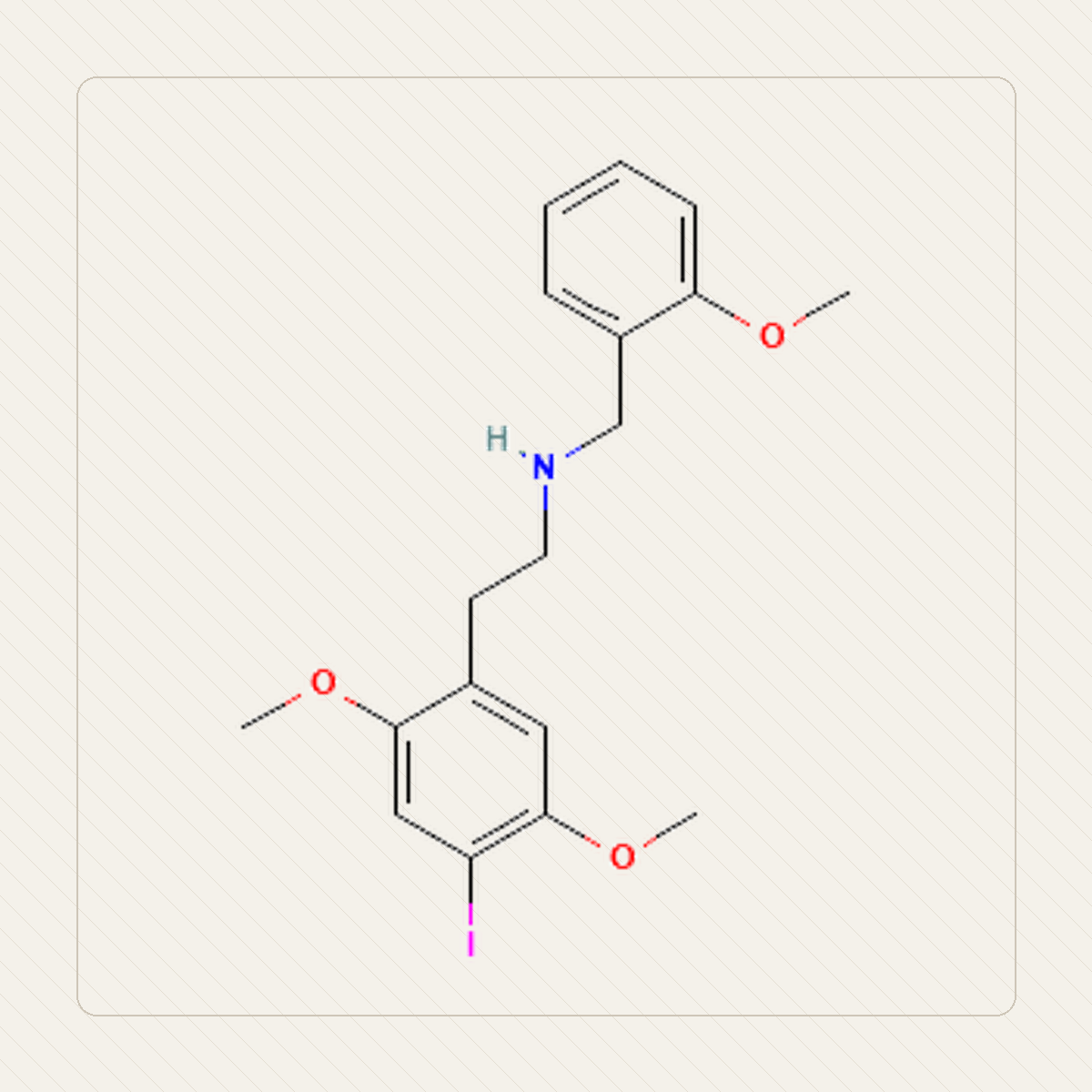 25I-NBOMe 2C-I-NBOMe, εκπαιδευτική απεικόνιση της μοριακής δομής
